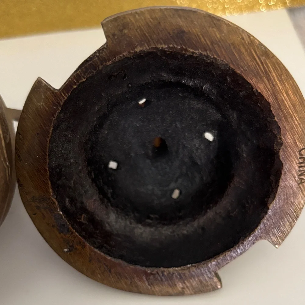 Vintage Marked Chinese Brass Footed Incense Burner Holder Tri pod pot lidded - Picture 9 of 11